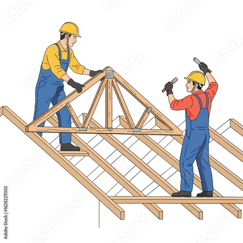 Two construction workers in hard hats and overalls are building a wooden roof truss on a house frame, showcasing carpentry skills and teamwork in construction.