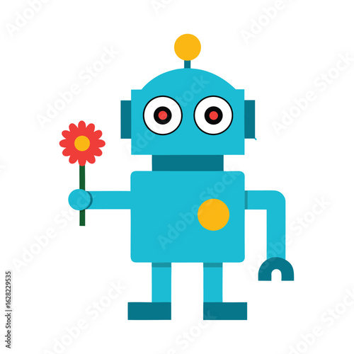 Blue Cartoon Robot Holding a Red Flower character