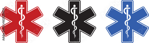 star of life medical symbols in red, black, and blue with rod of asclepius representing healthcare and emergency services