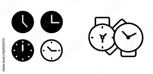 Flat Design Clock and Time Outline Vector Icons