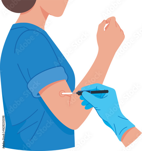 Gloved hand administering a medical skin test on a womans upper arm.