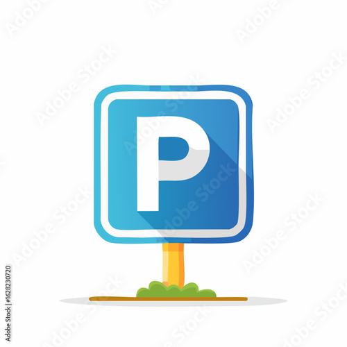Vector illustration of a cartoon parking sign indicating parking lot access and directions, painted in blue and white, on a post.