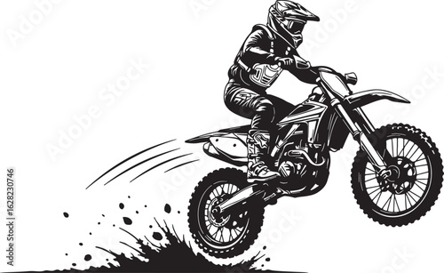 Motocross rider in action mid air motorcycle jumping, motocross, rider, motorcycle, jumping, action, speed, dirt, track, sport, racing, helmet, goggles, protective gear, black and white, illustration,