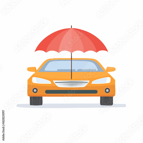 Vibrant yellow car under a protective red umbrella representing auto insurance and vehicle safety