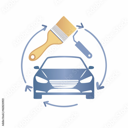 Car painting service icon with brush and roller for auto body repair and restoration