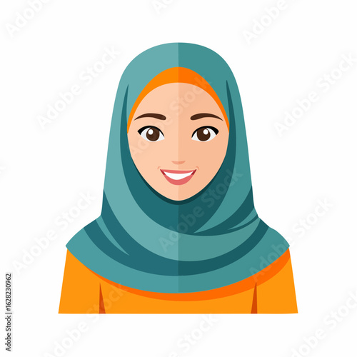 Smiling woman with hijab, traditional muslim headscarf, vector portrait