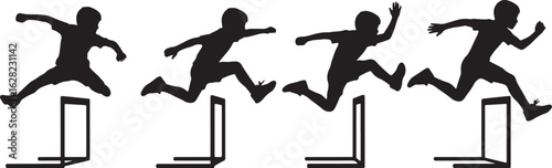 Silhouettes of children jumping over hurdles track and field, children, jumping, hurdles, track and field, sports, running, athletic, competition, action, silhouette, black and white, outdoor, race, t