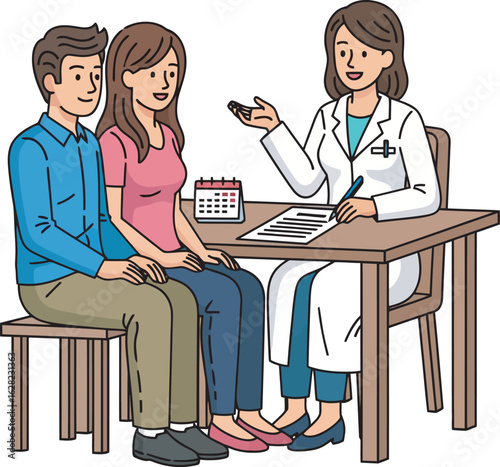 Cartoon illustration of a female doctor in a white coat advising a young couple during a medical consultation.