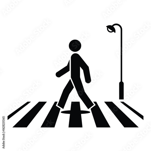 Stick Figure Pedestrian Walking on Zebra Crossing Illustration with Streetlight Symbolizing City Life Safety and Urban Design