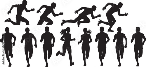 Silhouettes of runners in motion running athletes, runners, running, athletes, athletic, motion, action, speed, fitness, sport, competition, race, track, marathon, sprint, endurance, strength, health,