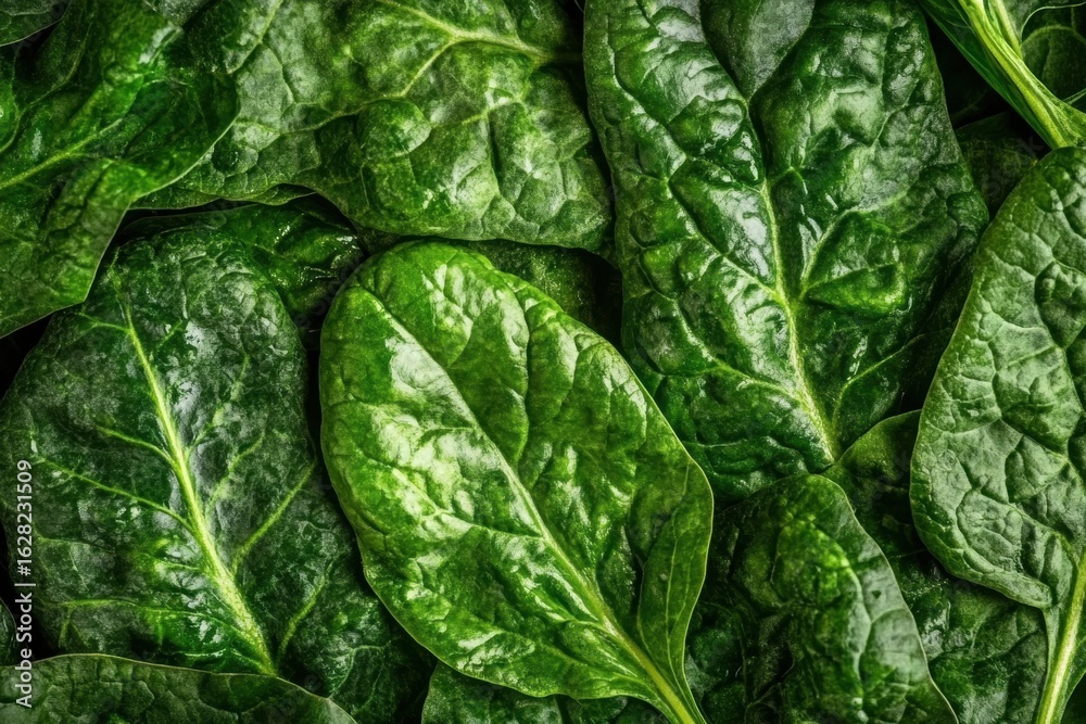 Fototapeta premium Top view of fresh, large spinach leaves covered in water droplets wet from drops