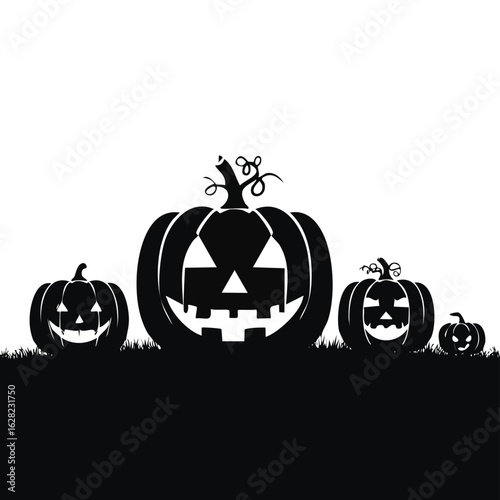 A spooky family of Halloween jack-o'-lanterns in silhouette, grinning menacingly on a dark grassy patch. A minimal black and white design.