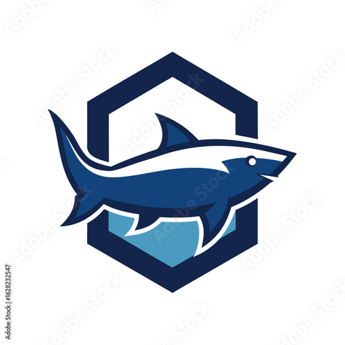 Blue Shark Logo Emblem in Hexagon Frame on White Background fish marine