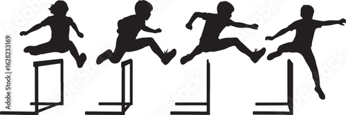Children jumping hurdles track and field athletes vector, children, jumping, hurdles, track, field, athletes, running, sport, competition, race, athletic, training, movement, action, silhouette, black
