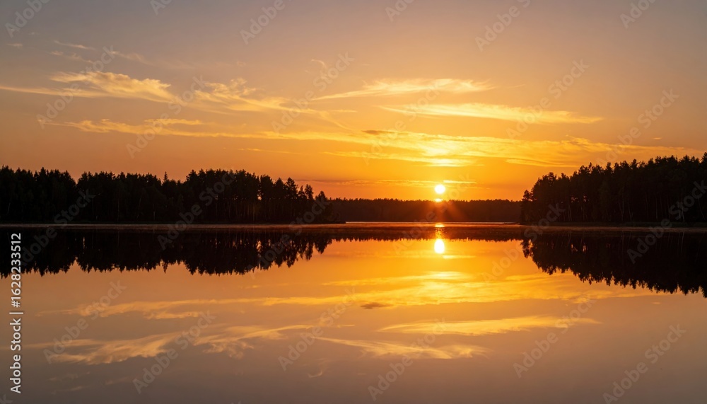 Fototapeta premium Golden Sunset Over Calm Lake With Silhouettes