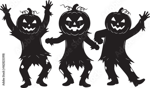 Dancing pumpkin figures with torn clothing halloween, halloween, pumpkins, jack o lanterns, dancing, figures, silhouettes, torn clothing, spooky, festive, celebration, autumn, fall, black, white, grap