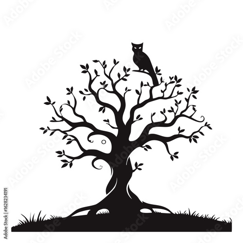 A mysterious black silhouette of a wise owl perched atop a bare, gnarled tree. A spooky and mystical vector illustration for Halloween or nature themes.