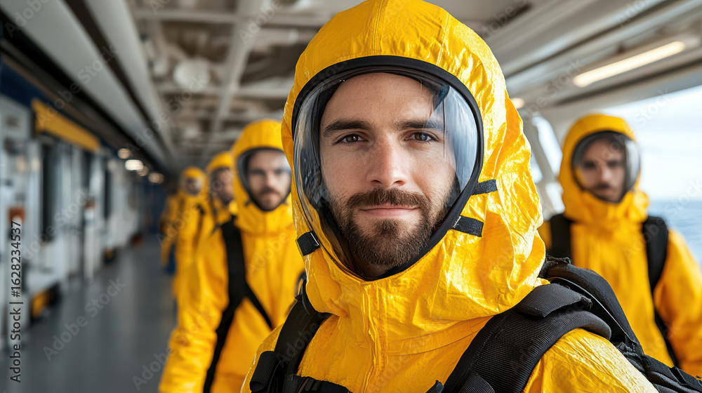 Fototapeta premium Protective suits worn by maintenance crew in ship environment, showcasing safety and teamwork