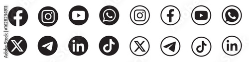 Minimalist Black and White Social Media Icon Set. Facebook, Instagram, YouTube, WhatsApp, X, Telegram, LinkedIn, TikTok.