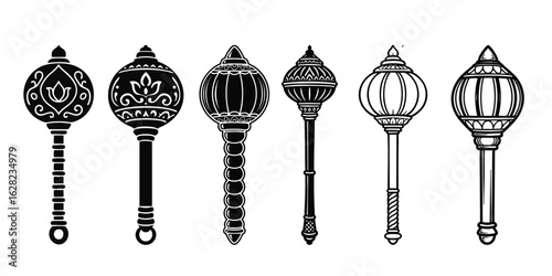 A collection of various traditional Indian mace designs, also known as Gada, in a minimalist black and white style.