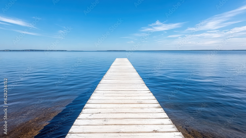 Obraz premium Serene wooden pier extends into calm blue lake under clear sky, inviting tranquility