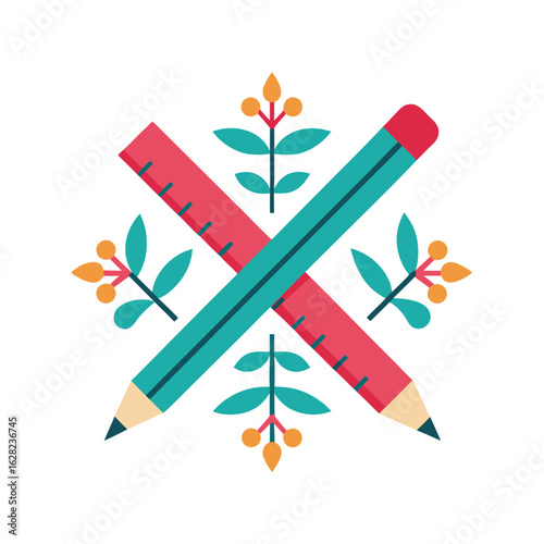 Crossed Red Pencil and Teal Ruler with Floral Accents stationery school supplies