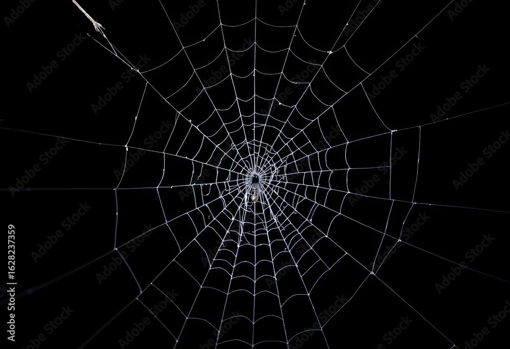 Obraz premium Intricate white spider silk web against a pure black backdrop, backdrop, geometric