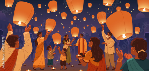 People celebrate Diwali holiday. Indian festival of light. Hindus launch lanterns into sky at night. Happy families with candles, flying lamps are greeting. Culture of India. Flat vector illustration