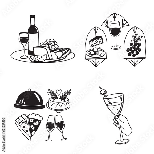 chalk food illustrations, wedding dinner icons, wine or champagne glass, cheese, and charcuterie drawings 
for wedding invitations, cafe menus, and parties