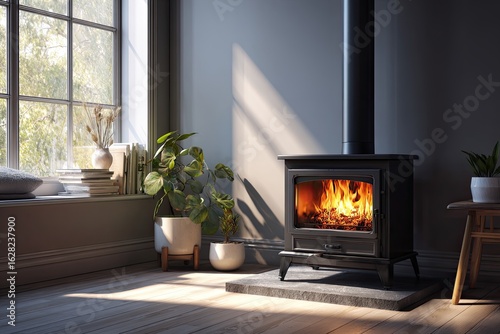 Cozy living room with wood stove. Sunlight streams into a room with a dark gray stove.  A window shows greenery outside.  Plants, books, and a soft pillow are nearby