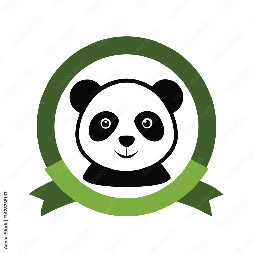 Fototapeta premium Cute cartoon panda in a green ribbon emblem on white background animal illustration