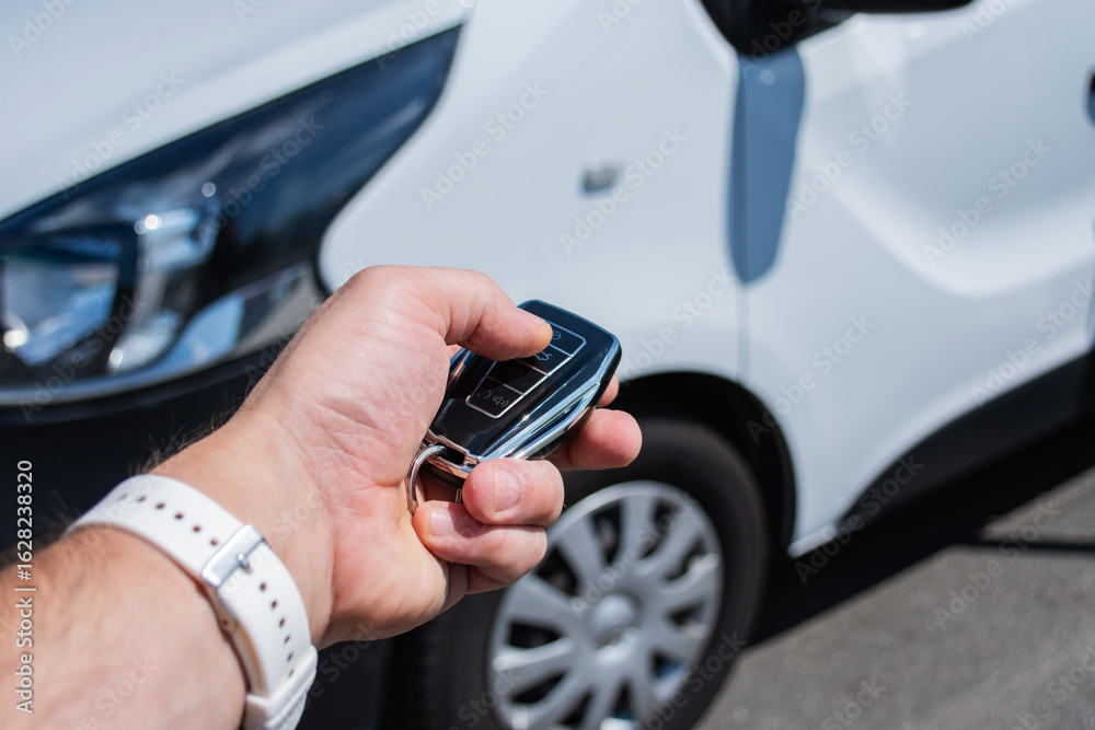 Obraz premium Man holds a car key in a parking lot with several cars. The concept of remote car opening and vehicle rental in dealership.