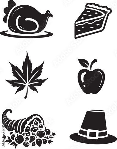 Thanksgiving icons set: turkey, pie, leaf, apple, cornucopia, and pilgrim hat