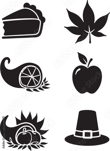 Celebrate harvest bounty with iconic Thanksgiving symbols, pie, apple, leaves, hat