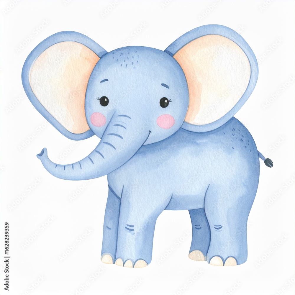 Fototapeta premium Watercolor African elephant animal isolated on white background. Savannah wildlife cartoon zoo safari poster.