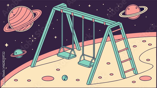 Space themed playground illustration with swings and planets background for kids room decor ideas