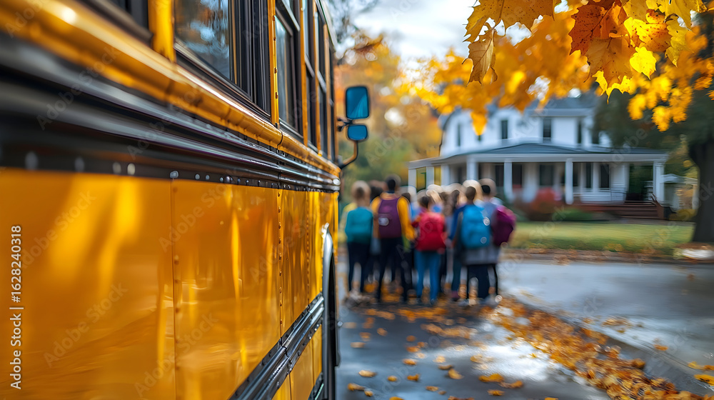 Obraz premium Yellow school bus parked in misty suburban neighborhood as children wait beside it; autumn leaves, and warm light evoke nostalgia, motion, and back-to-school charm.