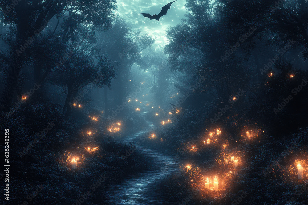 Fototapeta premium A bird flying over a dark forest path.