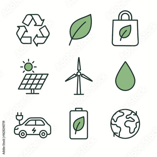 Green Energy and Sustainability Outline Icons Set