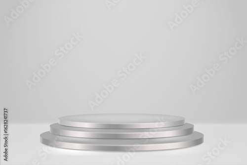 White Pedestal with Bright Steps in Light Tones Against a White Background. It presents a minimalist composition with pure luminous aesthetics.
