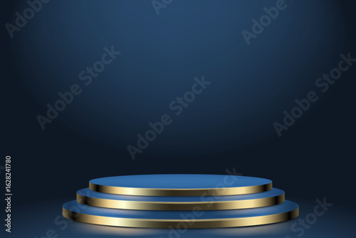 Pedestal with Golden Steps in Blue Tones on an Azure Background. It features a luxurious design combining gold and blue hues for an elegant, sophisticated aesthetic.