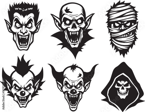 Scary Halloween creature faces vector illustrations ready for spooky designs and fun