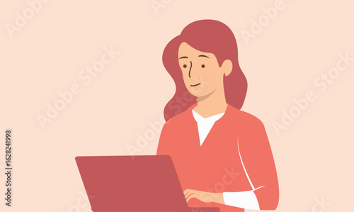 Illustration of a woman working on a laptop, focusing on the screen with a slight smile.