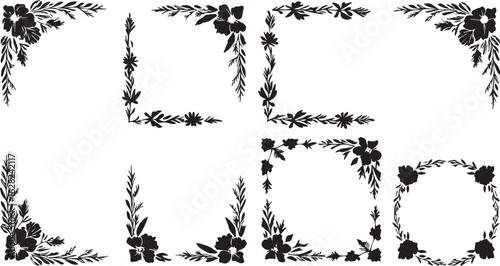 Assortment of black floral and leafy decorative elements including corners and a circular frame border