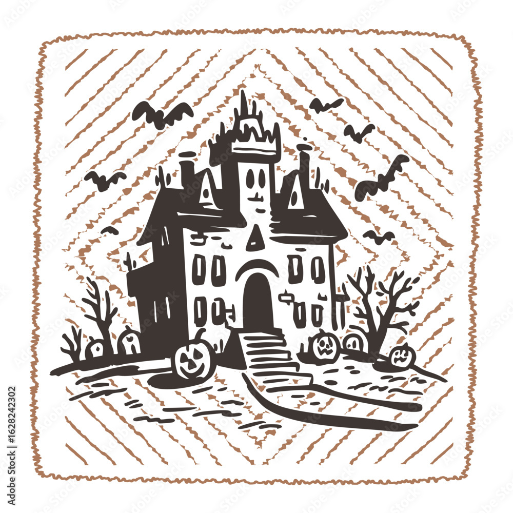 Fototapeta premium Hand-Drawn Doodle Style Halloween Illustration for Party Invitations and Stickers. ghost, haunted house