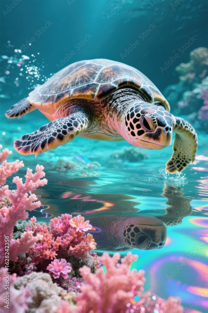 Fototapeta premium Vibrant ocean scene featu a realistic sea turtle swimming above colorful coral reef with clear water and underwater sunshine rays