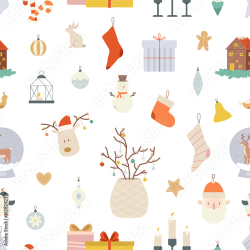 Winter holidays elements, christmas seamless pattern. Isolated xmas tree decoration toys, candles, home decor and gifts. Festive vector background
