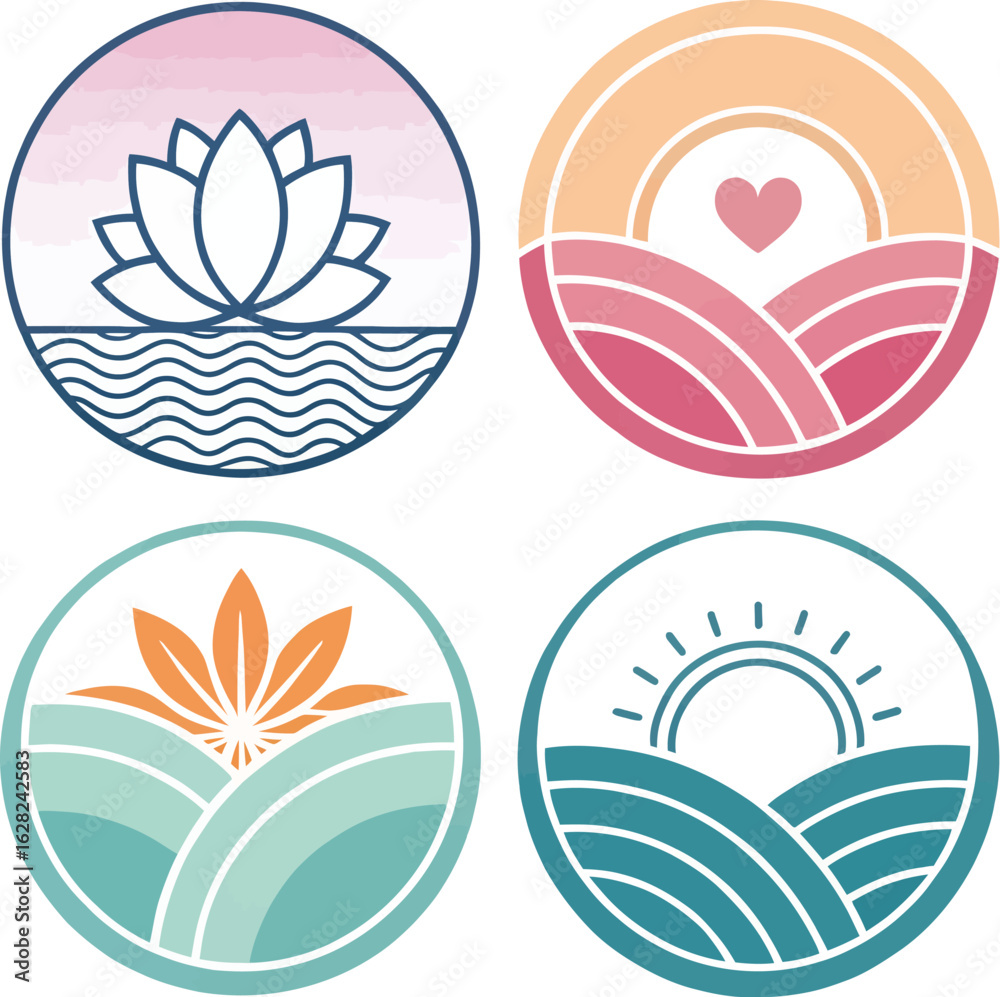 Fototapeta premium Minimalist Lotus, Heart, Sun Vector