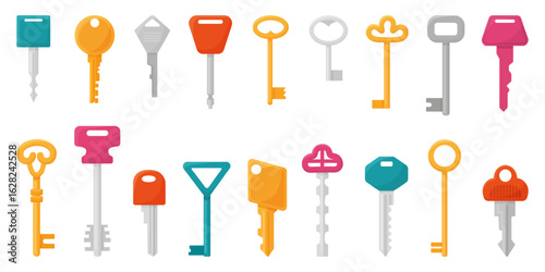 Cartoon keys. Different key for locks, retro and modern design. Isolated keys different sizes and types, rental real estate mortgage symbols neoteric vector set