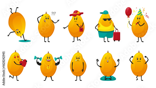 Mango characters. Positive mango lady and gentleman different poses. Sport training, traveller, meditation character. Fruit mascots neoteric vector set